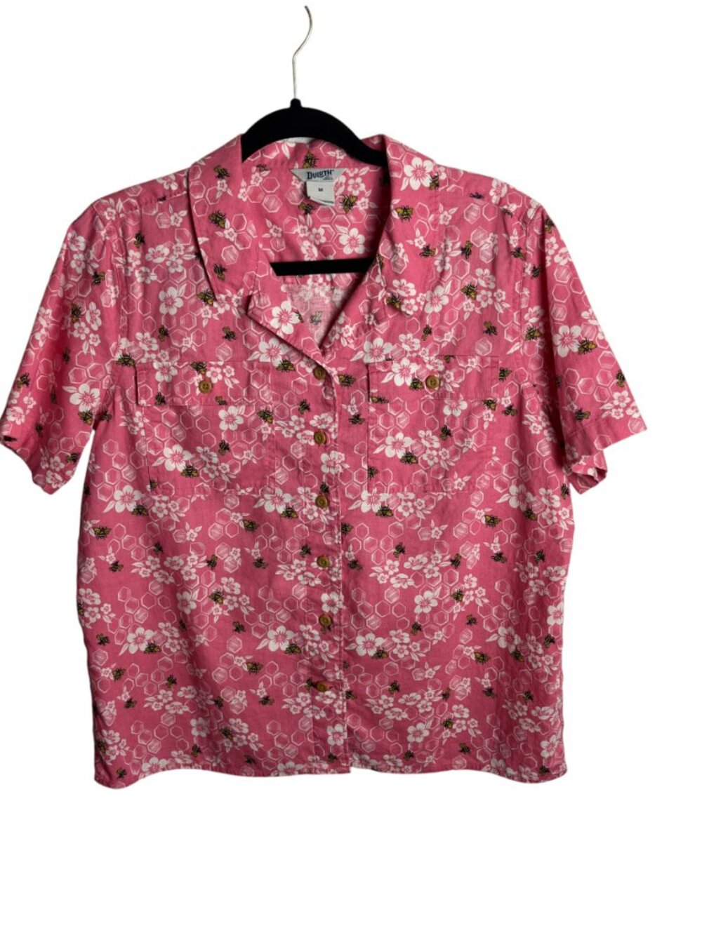 Duluth Trading Size M Artisan Hemp Untucked Camp Shirt Pink Honeybee Button Up